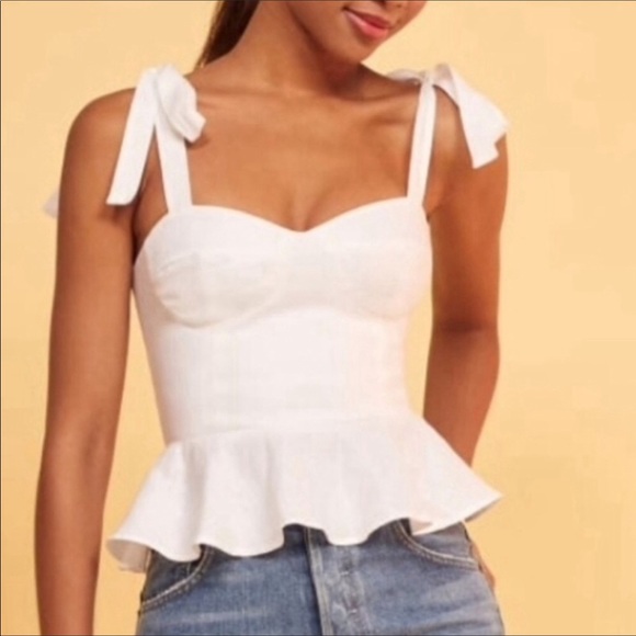 Reformation Kassi Linen Ruffle Tie Top In White - Picture 3 of 8